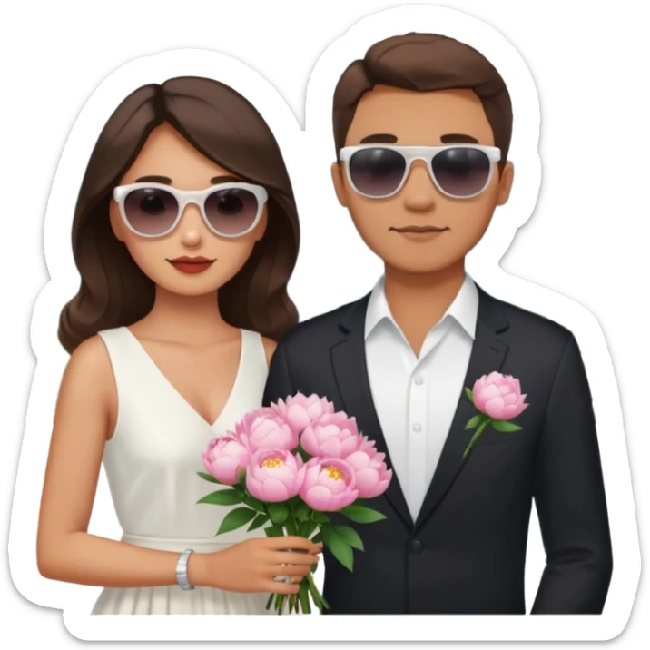 Couple traveling in Montenegro russian man and elegant  Latina girl delicate peonies and mountains in the background  sticker