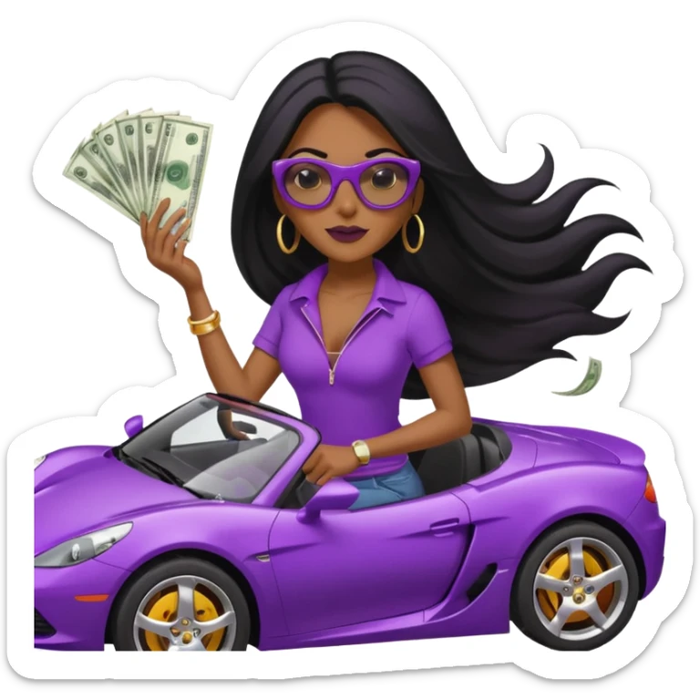 Black woman with long hair riding in a purple sports car with money falling sticker