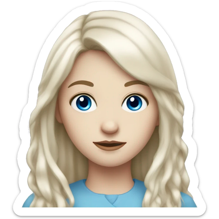 young pale white woman with blue eyes, long dark brown hair and a fringe sticker