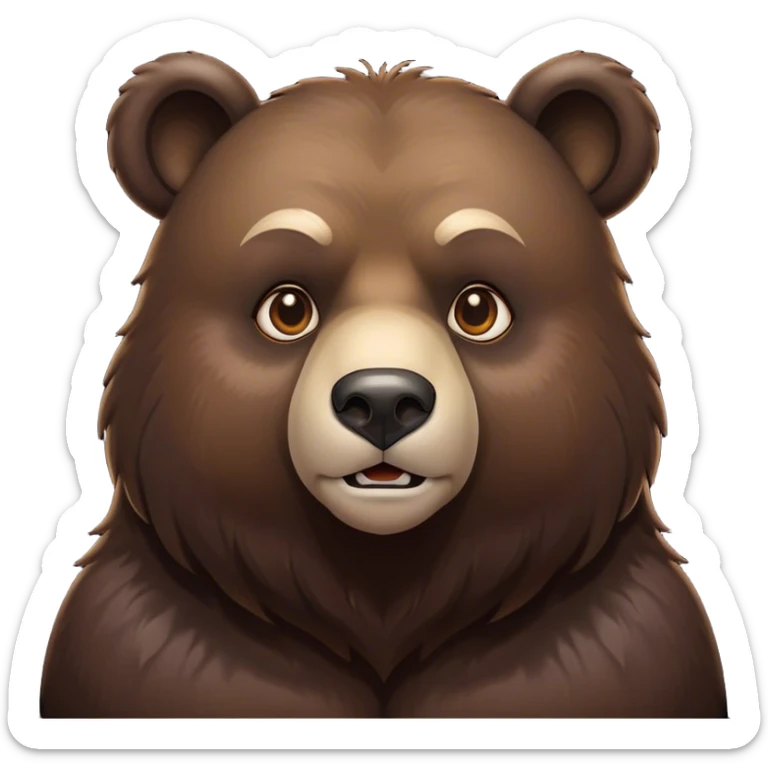 Cinematic Noble Bear Portrait Emoji, Poised and regal, with a large, imposing build and a thick, well-groomed rich dark brown fur, deep-set soulful eyes, Simplified yet sharp and sophisticated features, highly detailed, glowing with a soft, dignified glow, high shine, intelligent and formidable, stylized with an air of wild majesty, focused and attentive, soft glowing outline, capturing the essence of a watchful and commanding guardian, so majestic it feels as though it could lumber out of the screen with effortless authority! sticker