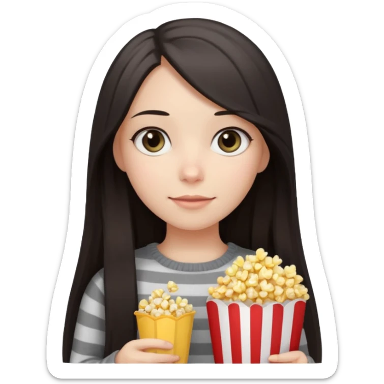 girl with dark straight long hair, striped light sweater, gray gray eyes, holding popcorn in her hands sticker