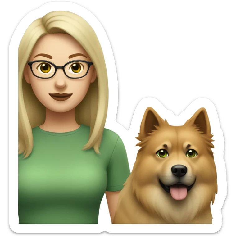 Brown light hair woman aux Green eyes with glasses Green eyes and White beige eurasier dog  sticker