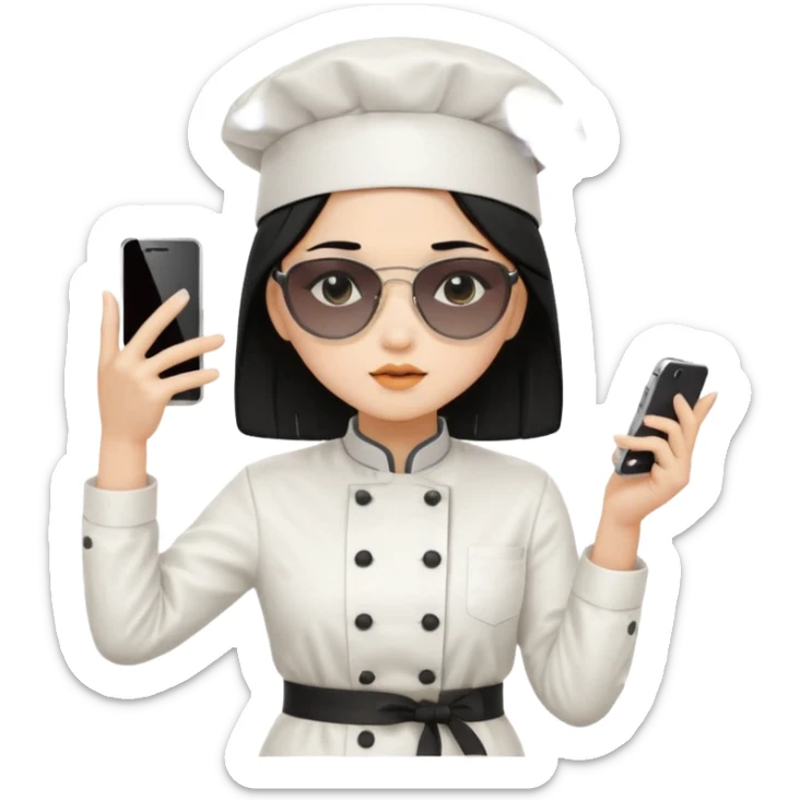 ["A sad woman with light skin, straight hair, wearing a chef hat and sunglasses, dressed in K-pop fashion, is dancing while holding a phone."] sticker