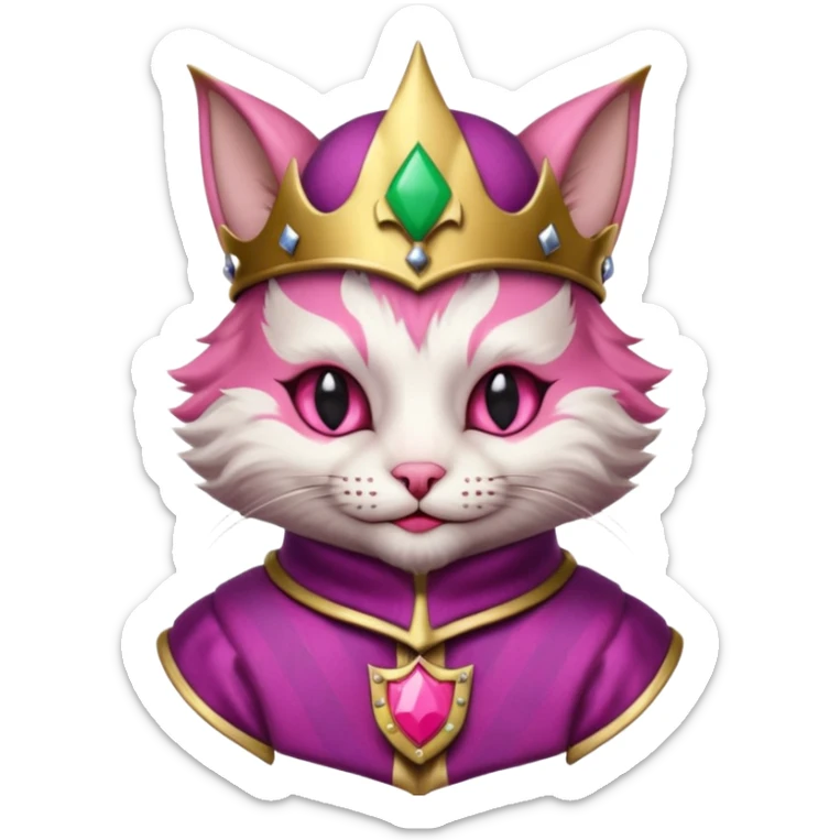 court jester cat medieval, single poker card joker clearly visible, pink, face only enclosed in a medieval badge  sticker