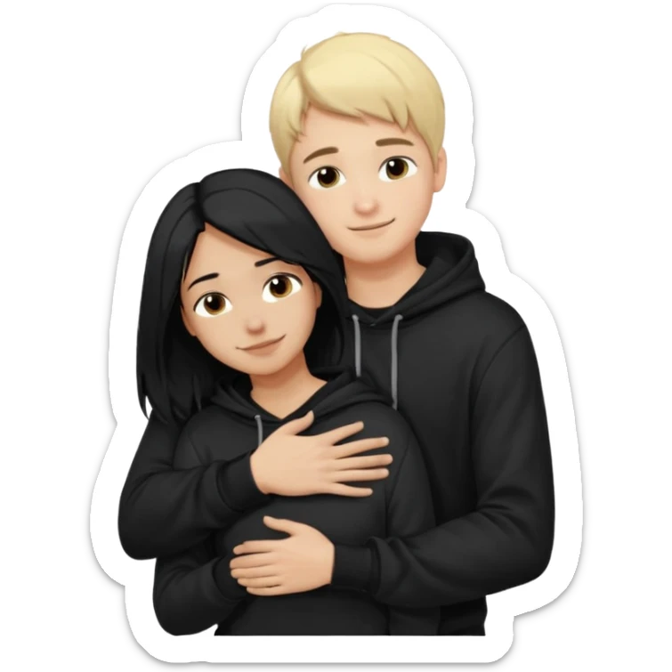 Joven de pelo rubio corto y piel blanca con poleron negedro abrazando por detrás a una joven de pelo negro largo con partidura al medio, de piel morena con sus manos en los brazos del joven aceptand su abrazoemoji sticker