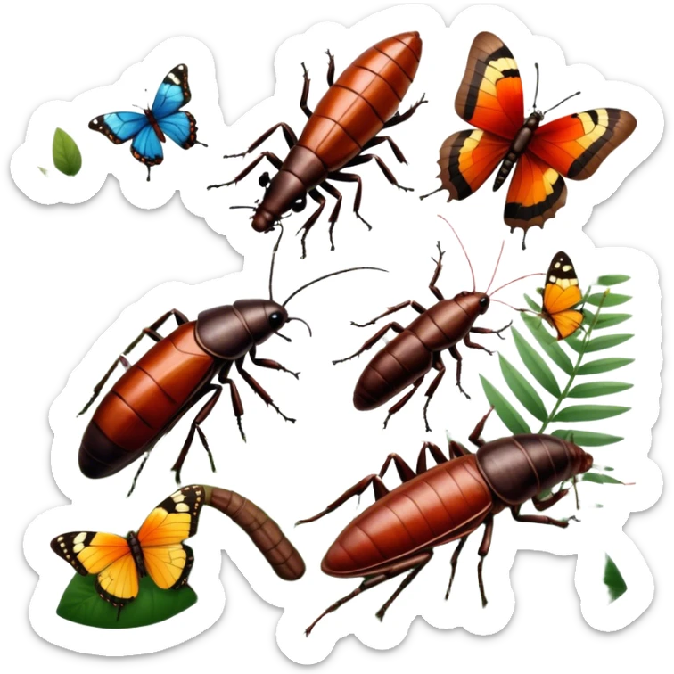 Close-up of giant Madagascar hissing cockroaches, butterflies, and stick insects in their natural habitat. The insects are shown in detail, highlighting their unique textures and colors, surrounded by plants and leaves. Soft lighting to enhance their features. Transparent background. sticker