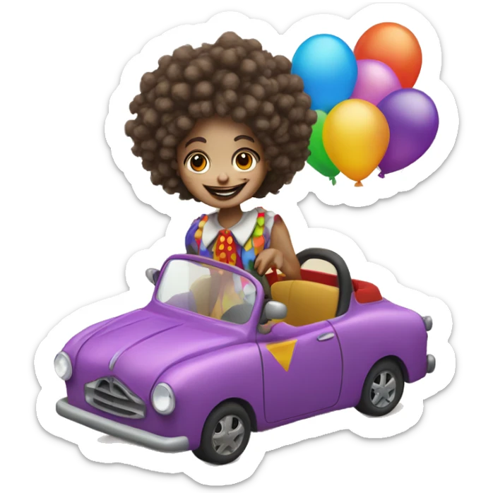 girl with curly hair that is dressed a clown with a clown nose driving car sticker