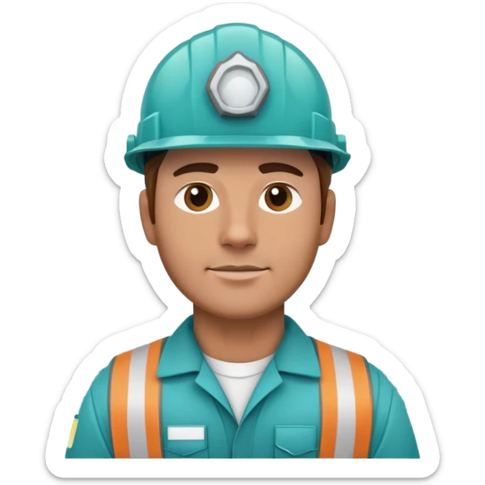 Male oil rig worker in uniform and safety helmet, cool tones with sky blue, teal green, white, and light gray sticker