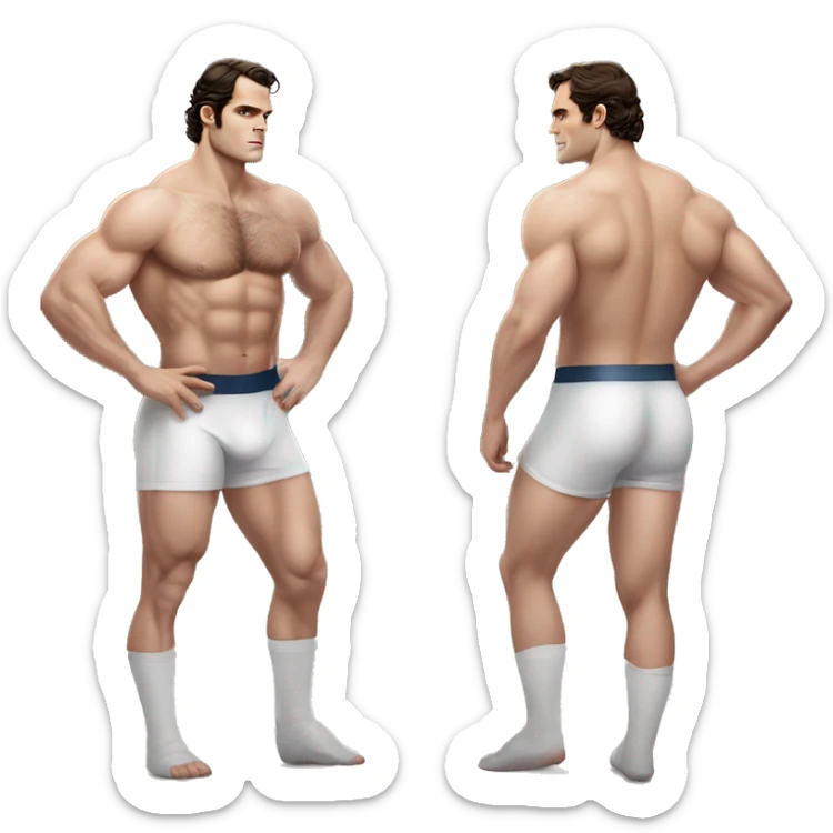 Henry cavill in a jock, backwards view, infront of guy, helping stretch, backwards view sticker