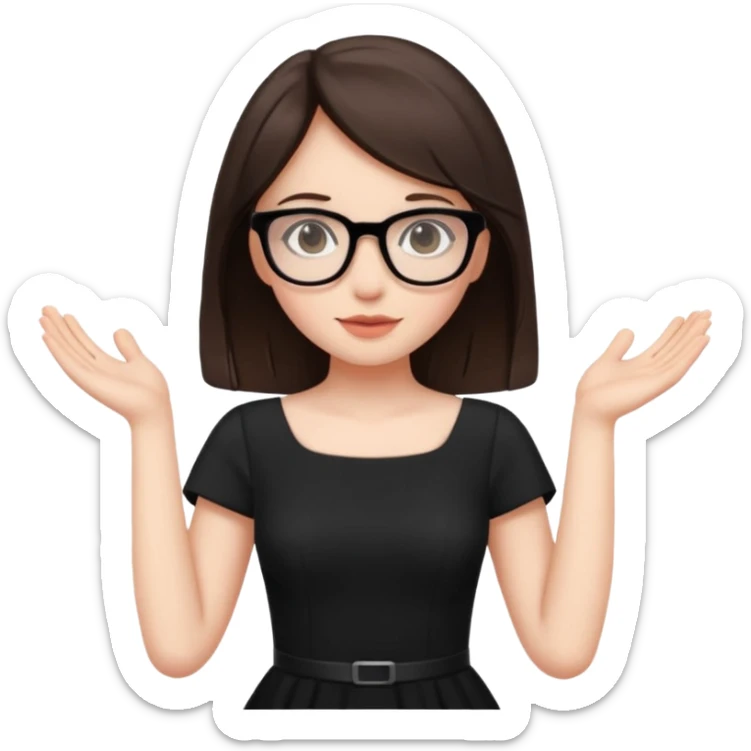 a cute brunette girl in a black dress wearing glasses  with two hands  sticker