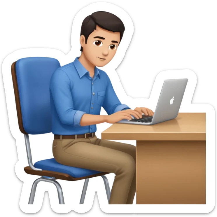 Rich man sitting on a chair, working at desk, looking to laptop in office, in shirt, dark hair, he is german very beautiful looks like, full body view sticker