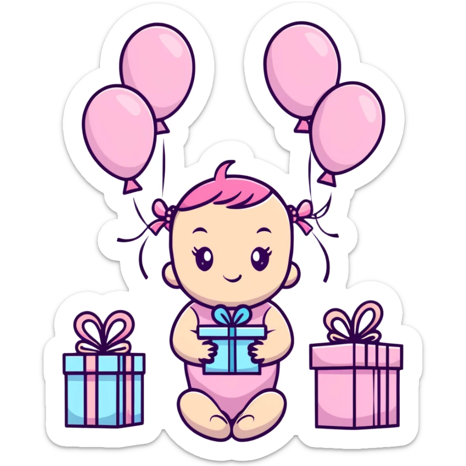 happy baby girl surrounded by pastel pink balloons and presents at birthday party sticker