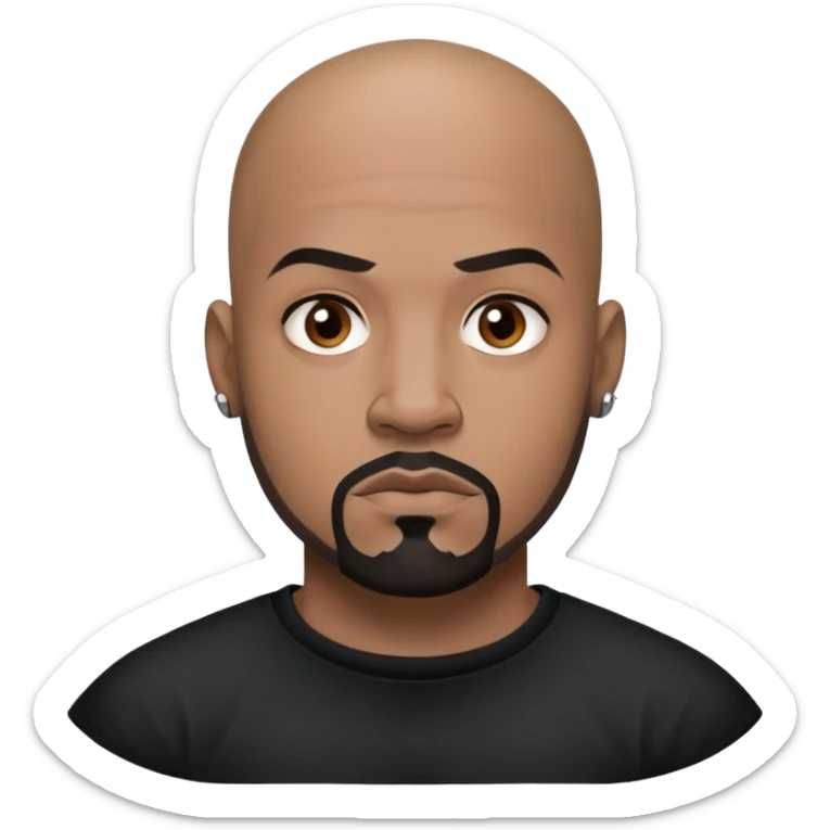 đàn ông 30 tuổi, da đen, đầu trọc, râu quai nón đen, có xăm trên mặt, áo đen, mặt nghiêm túc sticker