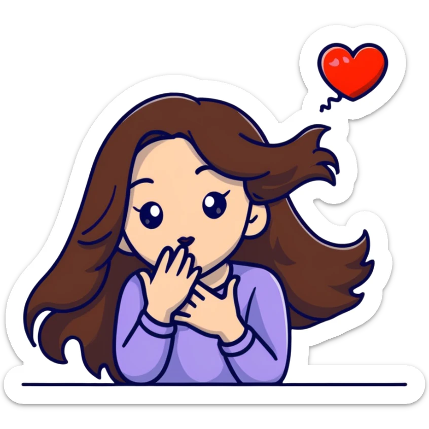 girl with long brown hair blowing a heart kiss sticker