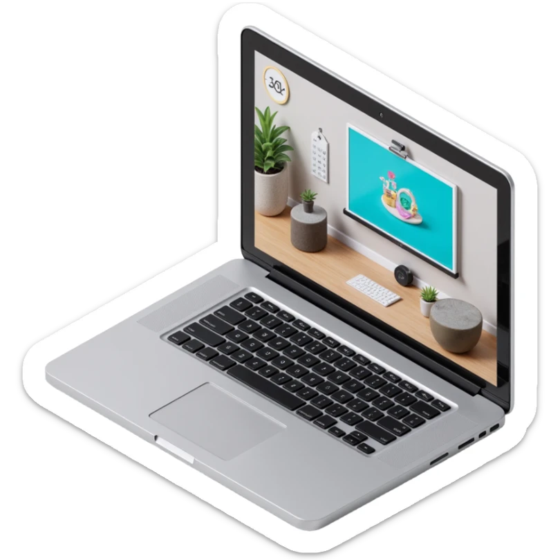 a laptop computer showing a virtual classroom, skeuomorphism style, metallic body, 3D look, detailed screen, learning interface sticker