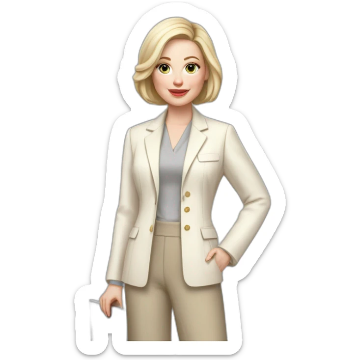 pale skin woman with ash blonde Straightened bob Hair, White Spacious classical jacket, beige palazzo Arrow pants and gray blouse holding a MacBook in the hands sticker