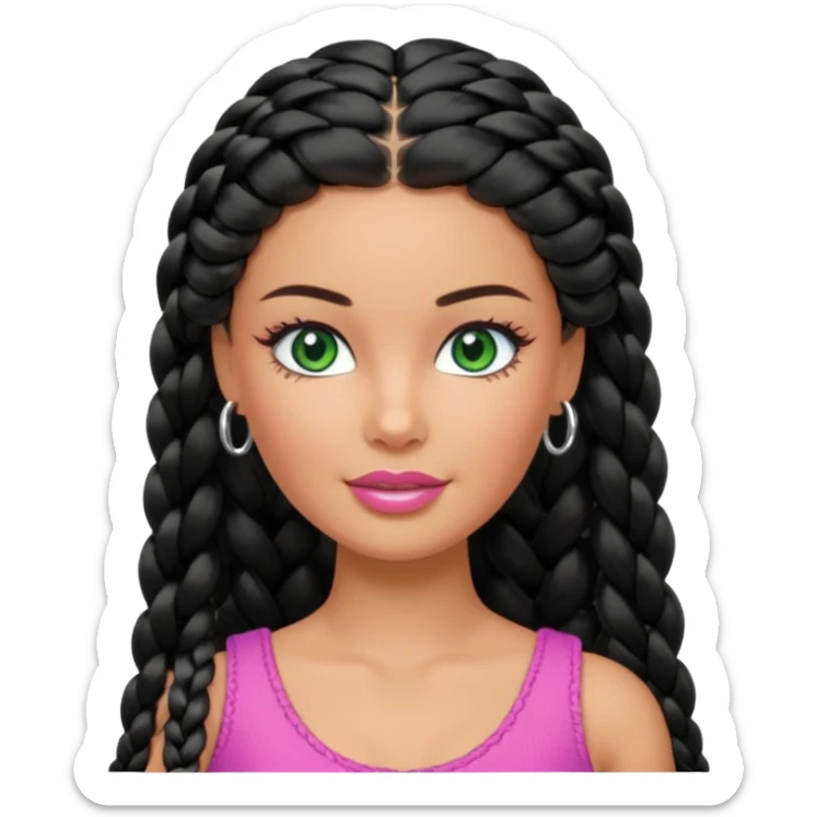Barbie with olive skin, long black braided hair and green eyes and silver hoop earrings sticker
