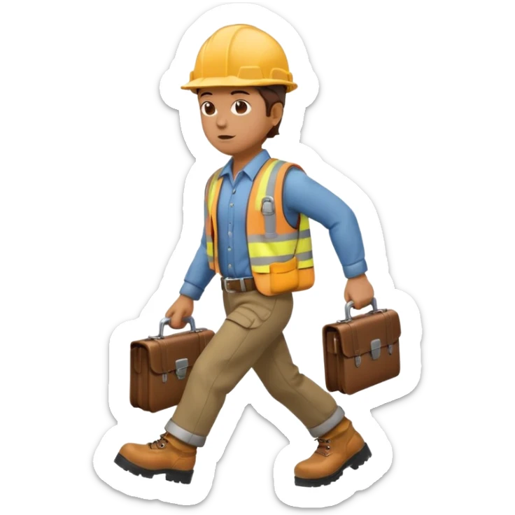 person wearing a hard hat or helmet, holding a wrench in one hand and a briefcase in the other, in a walking or running motion sticker