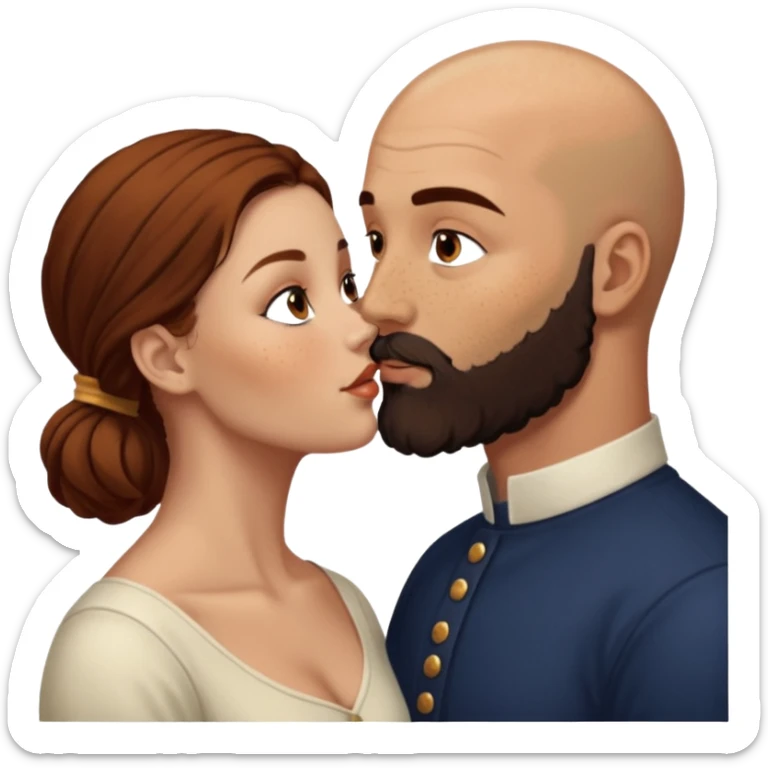 Couple. Bald man with dark brown-black beard. White woman with many small, faded freckles, she has white skin and she has auburn-brown-cinnamon, dark long hair. She has light brown eyes. The man have hazel eyes. She have light eyes. Retro style. She kisses him. Dark akademia. sticker