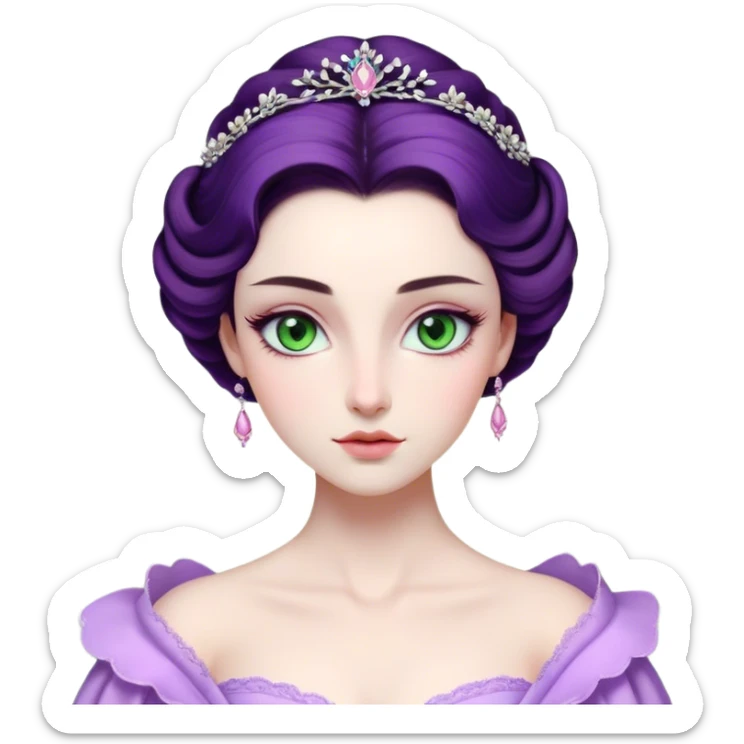 Cinematic Realistic Rapunzel Portrait, with porcelain-like skin featuring a subtle, natural glow, illuminated by soft lighting that brings out the gentle contours of her face. Her long, golden blonde hair cascades in detailed waves, each strand highlighted with a radiant shimmer as it catches the light. Her bright, expressive green eyes exude curiosity and warmth, framed by delicate lashes and soft, arched brows. Her expression is playful and vibrant, with a gentle smile. She is dressed in her classic lavender and pink gown, the fabric textured with delicate folds that flow naturally, catching the light with a soft, radiant glow. The portrait captures a luminous, enchanting aura, seamlessly blending realism with a whimsical, fairytale charm, evoking a timeless sense of beauty and magic. sticker