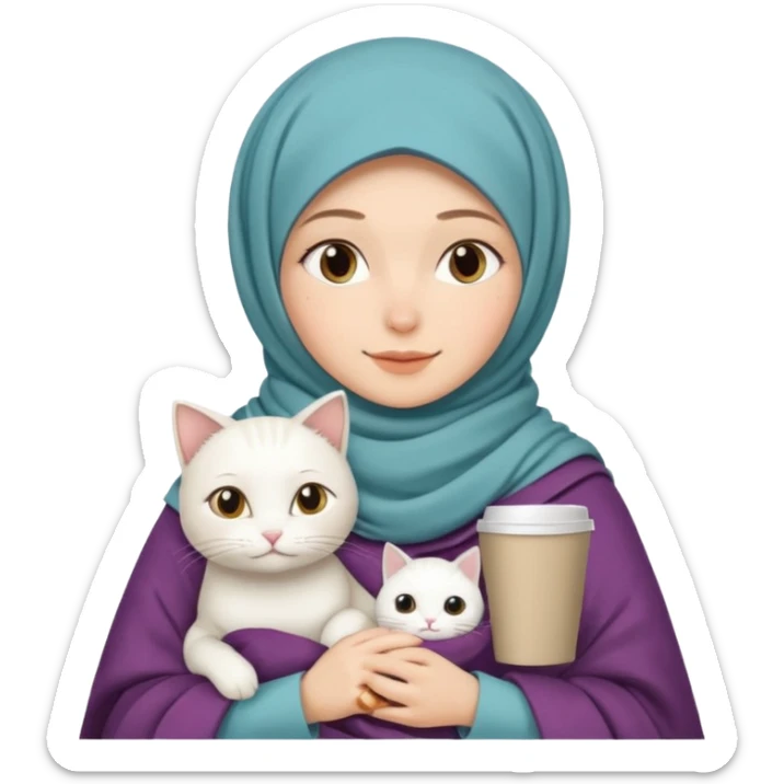 hijap bayan elinde kahve ve battaniyesi ve kucagında beyaz kedi sticker