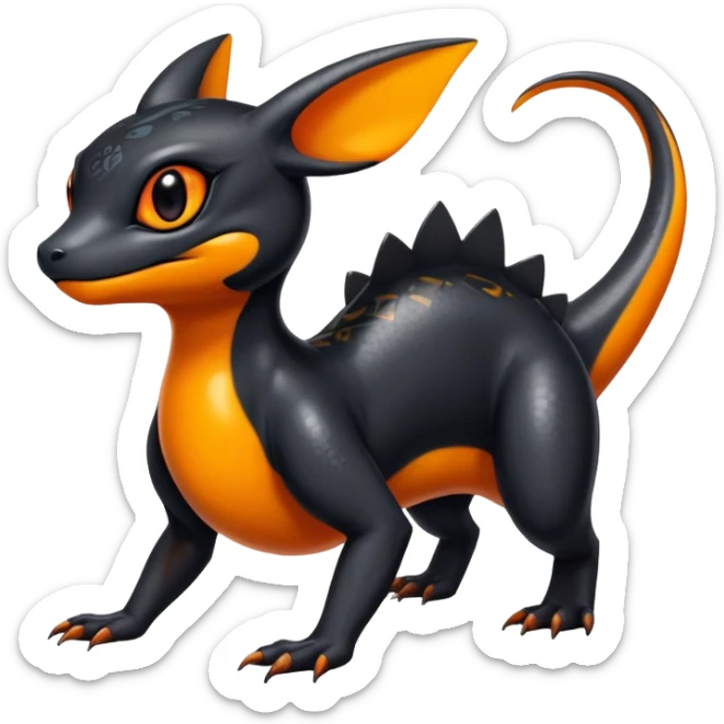A shiny black Salandit-Umbreon-newt-hybrid-Fakémon-creature with orange belly sticker