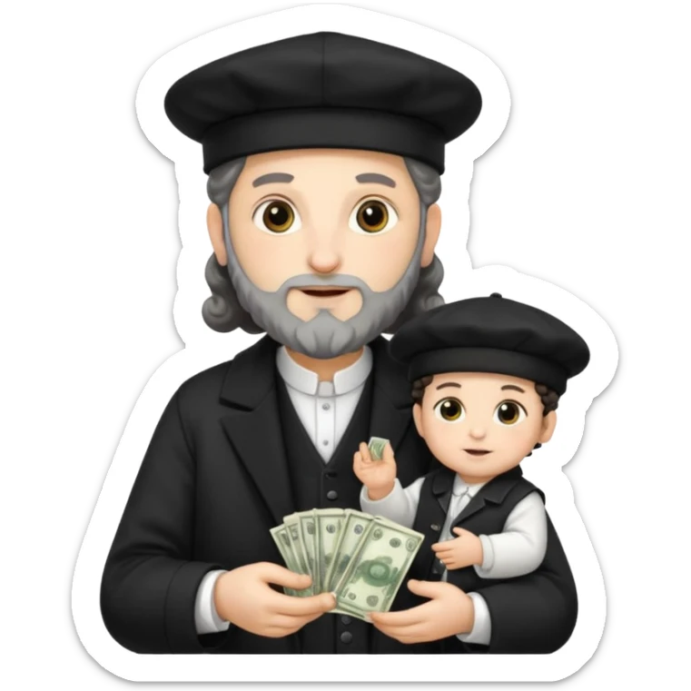 Jewish rabbi wearing traditional religious apparel with two side hair curls holding money and baby sticker