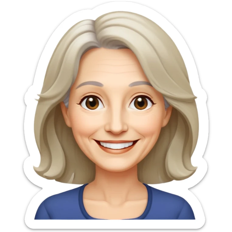 "- Nữ
- 60 tuổi
- Da trắng
- Tóc ngang vai, xoăn nhẹ
- Mặt cười tươi, mắt đen sticker