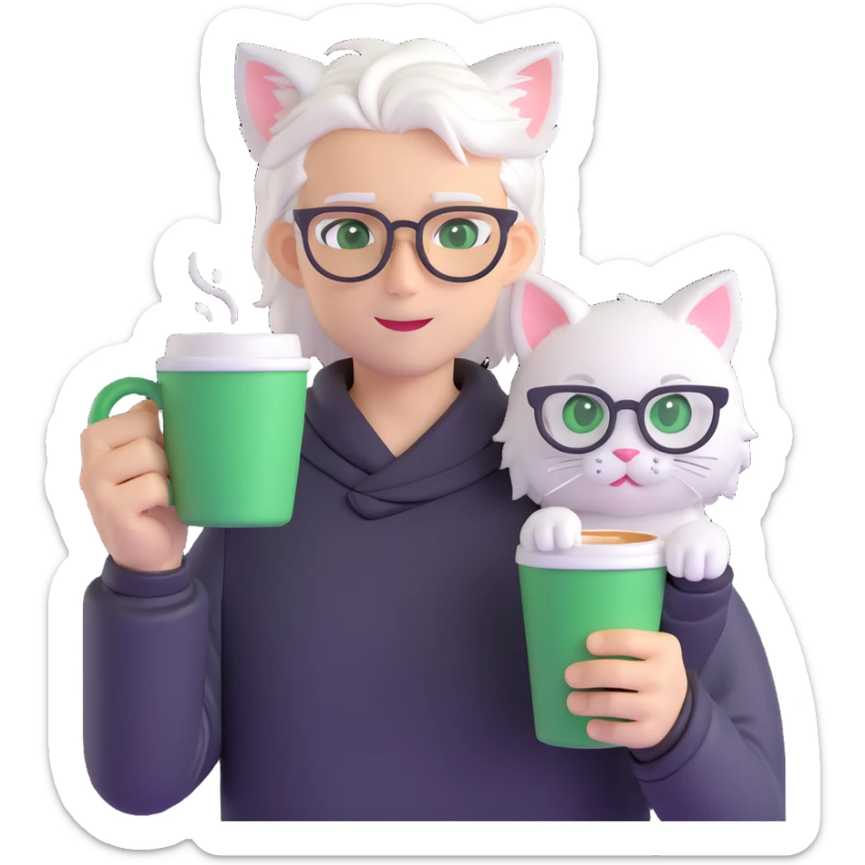 An anime guy with white hair, white cat ears, green eyes, and glasses, holding a coffee cup in his hand and waving sticker
