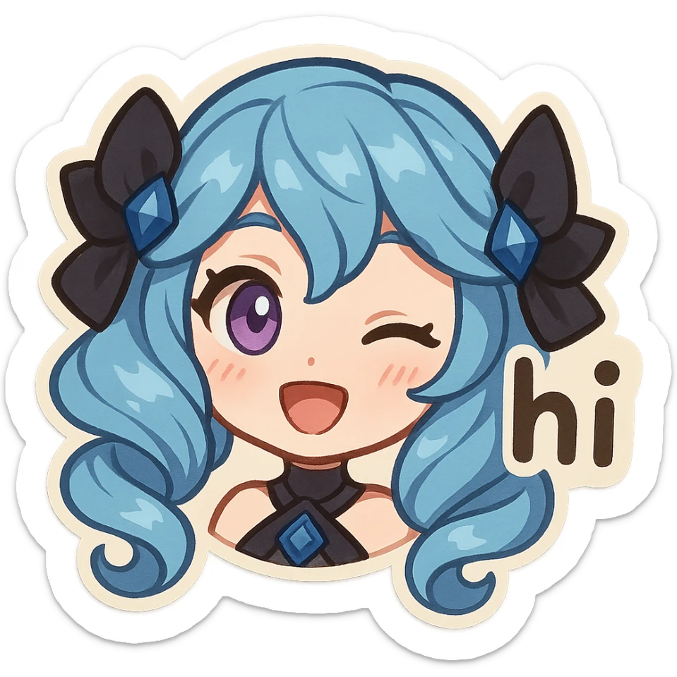 Gwen from League of Legends, chibi emote style, only head visible, right eye is purple, 'hi' expression, eyes open, cute and expressive sticker