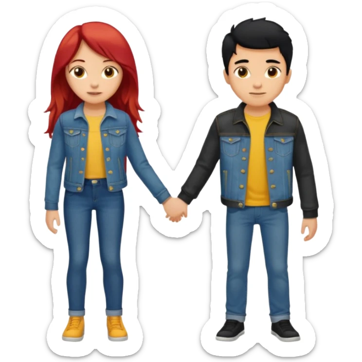 full-length couple, girl with long red hair and brown eyes in blue jeans and yellow top, boy with black hair in denim jacket sticker