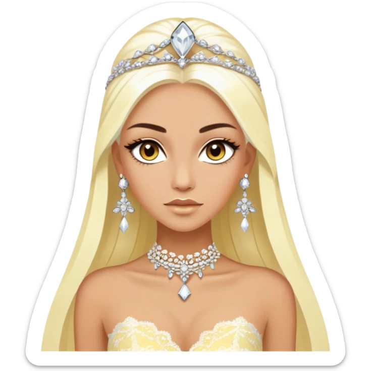 enchantress goddess with brown eyes and tanned skin and super long straight platinum blonde hair wearing a embellished light yellow and white lace gown and diamond chanel earrings sticker