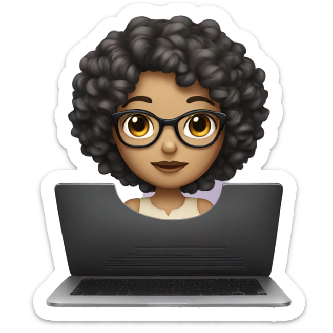 Cute beige skin girl with curly dark black color hair, glasses, and laptop sticker