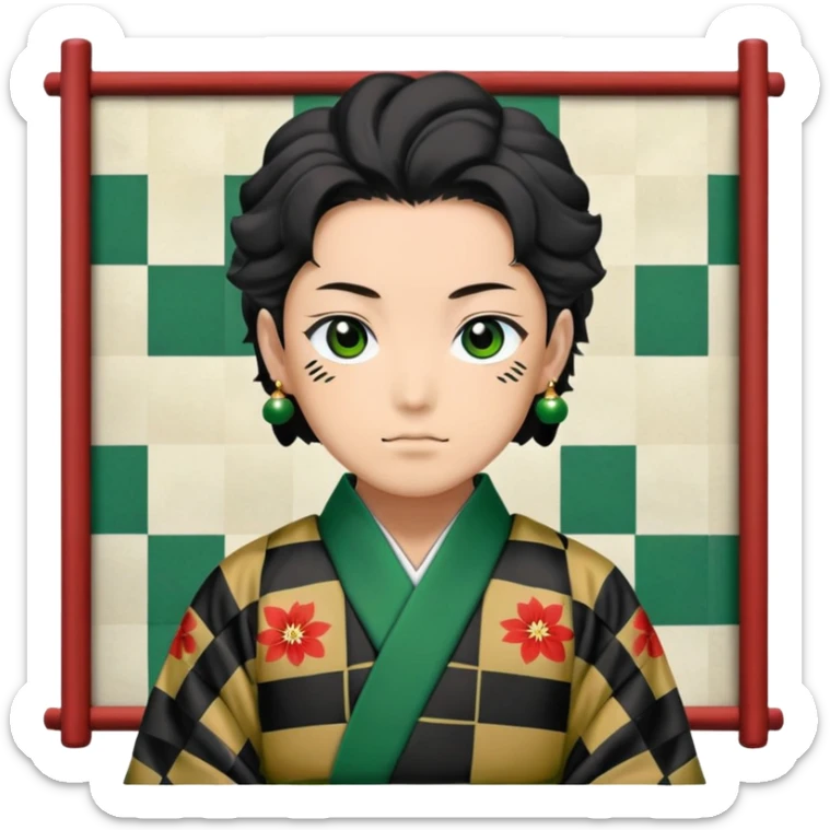 Tanjiro Kamado from Demon Slayer with black and green checkered haori and hanafuda earrings sticker