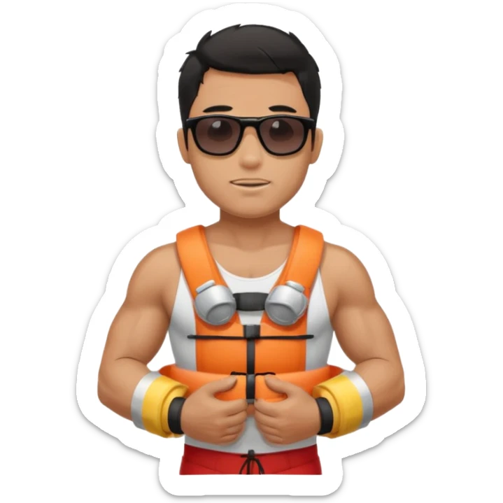 Dark Tan Muscular lifeguard without shirt with messy black hair with sunglasses, with life preserver sticker