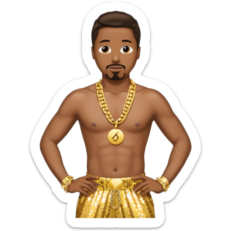 MC Hammer with dark brown hair, gold sequin harem pants, shirtless with necklace sticker