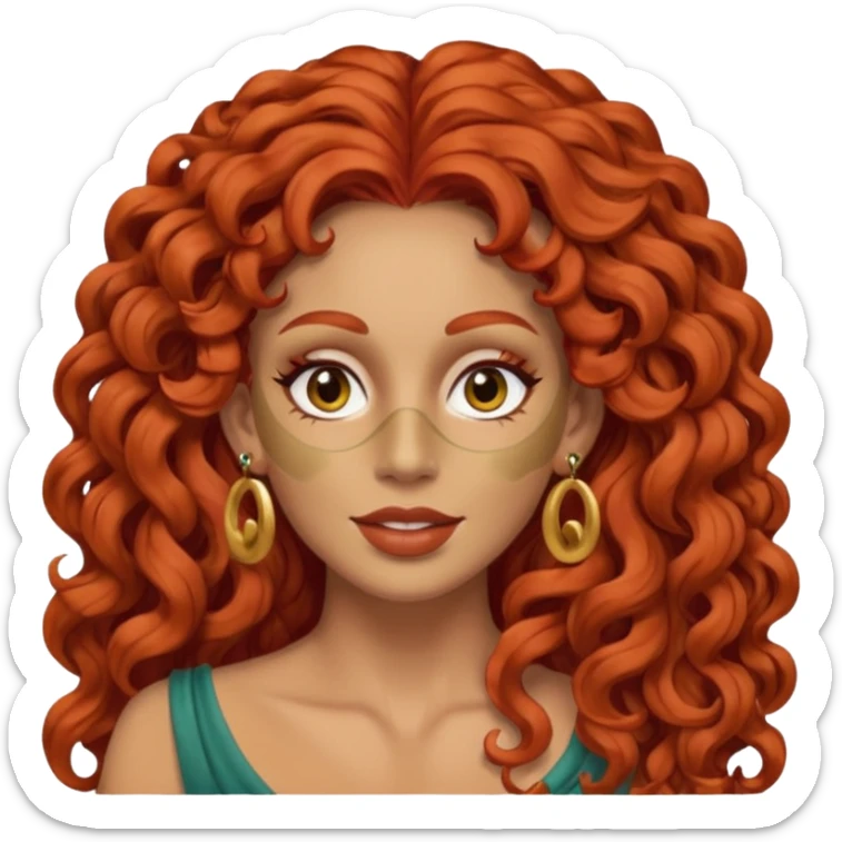 red haired very long curly haired woman with full face clay mask  and big earrings  sticker