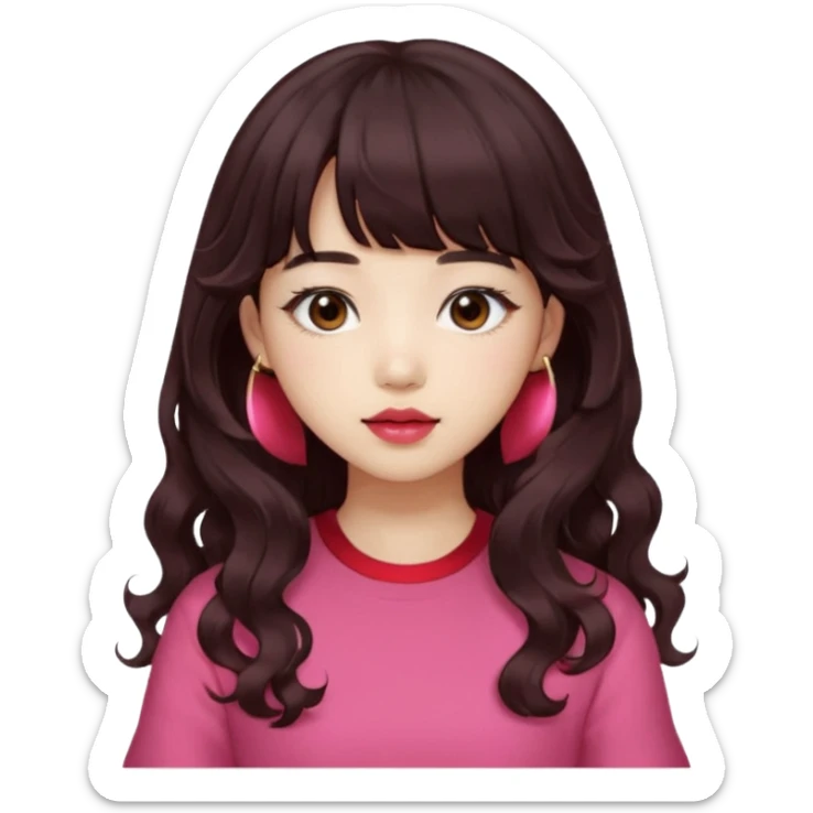 Korean girl, red top, black brown hair, brown eyes, long curly hair, aesthetic, long hair, hime cut, blunt bangs, pink lip, Cool girl sticker