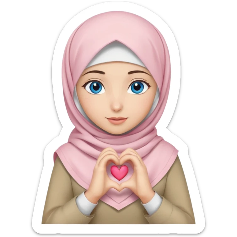 Turkish beautiful finish Konya girl blue eyes with khaki and light pink hijab islamic dress and making heart with hands sticker