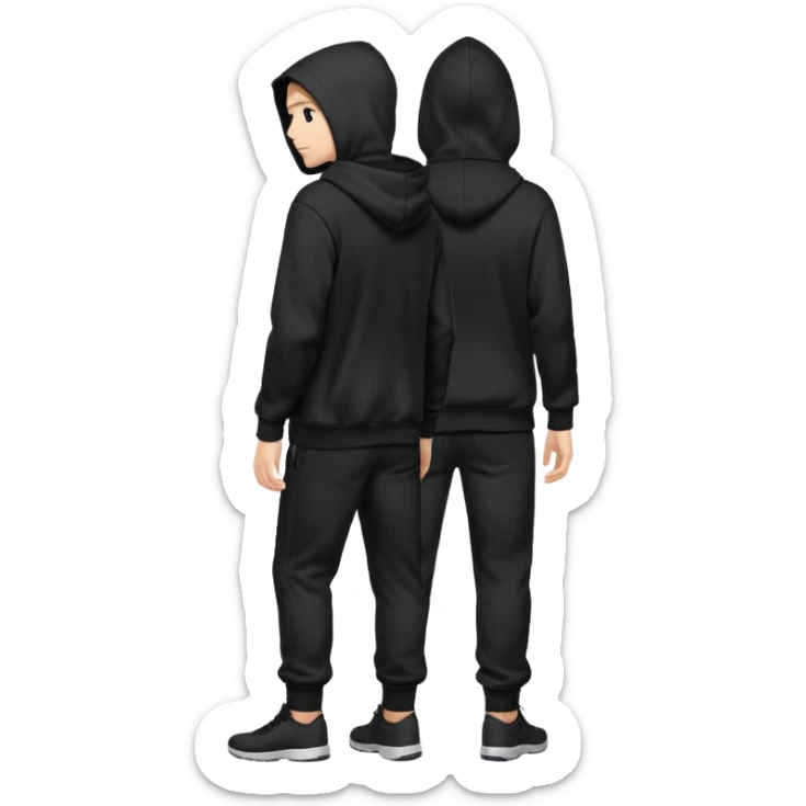 fullbody Mysterious shy caucasian man in black hoodie on head, hands in pockets and black pants rear backview sticker