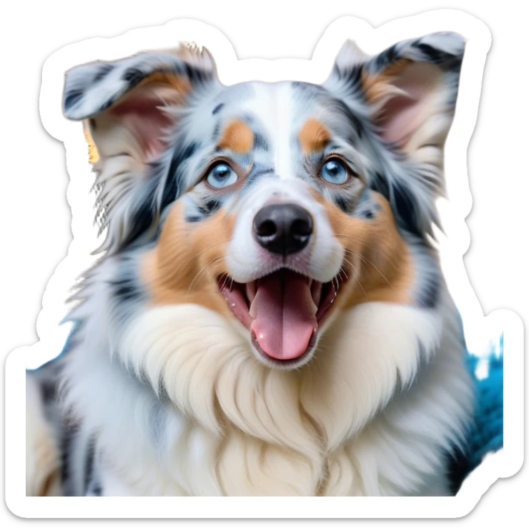 Cinematic Cute Yawning Blue Merle and White Australian Shepherd Portrait Emoji, Head tilted slightly with a dramatic, wide-open yawn, soft blue merle fur with crisp white accents, floppy ears slightly drooping, round blue eyes barely open in drowsy contentment, Simplified yet irresistibly adorable features, highly detailed, glowing with a soft, cozy glow, high shine, relaxed yet expressive, stylized with a touch of whimsy, bright and endearing, soft glowing outline, capturing the essence of a sleepy yet affectionate pup, so drowsy it feels like it could stretch right out of the screen and curl up for a nap! sticker