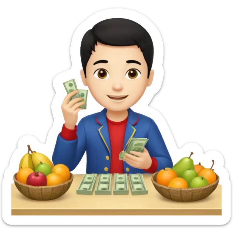 chico piel clara pelo negro con ropa de frutero sentado en una mesa contando mucho dinero sticker