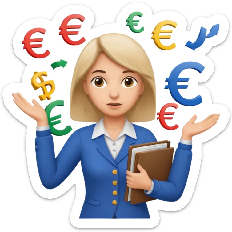 A confused female kindergardenteacher shrugging shoulders with euro symbols and documents floating around. sticker