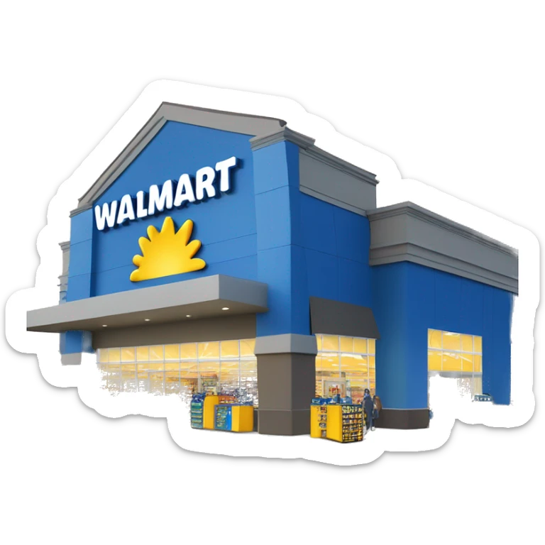 “Exterior of a Walmart store with the sunburst logo above the entrance, blue facade with yellow accents, large sliding glass doors, and shopping carts lined up outside, capturing the look of a busy retail supercenter.” sticker