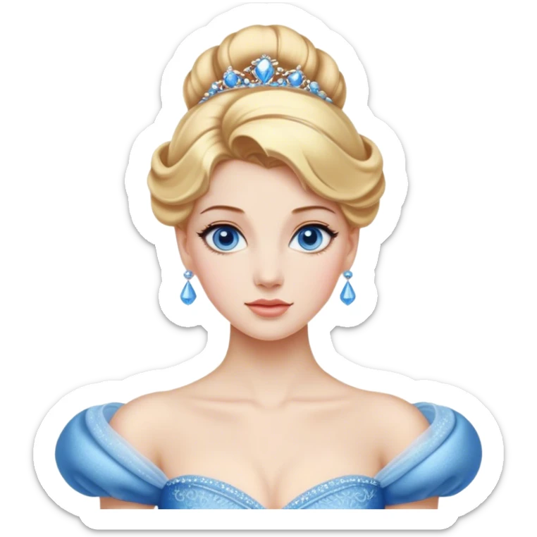 Cinematic Realistic Noble Cinderella Portrait, depicted with porcelain skin rendered in lifelike detail and soft, natural lighting that highlights every delicate nuance. Her intricately styled golden-blonde hair is arranged in an elegant updo, and her deep, expressive blue eyes radiate quiet determination. She wears her classic ball gown with rich fabric textures and delicate folds catching the light beautifully, all set against a subtly glowing, natural background that captures the essence of timeless royal grace. sticker
