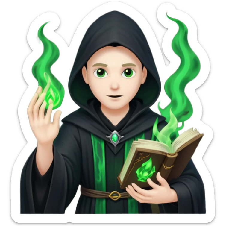 A dark sorcerer in flowing black robes, conjuring eerie green flames sticker