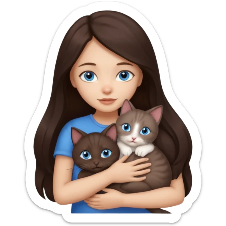a pretty girl with long dark brown hair, with blue eyes, hugs 3 different natural coloured small cats sticker