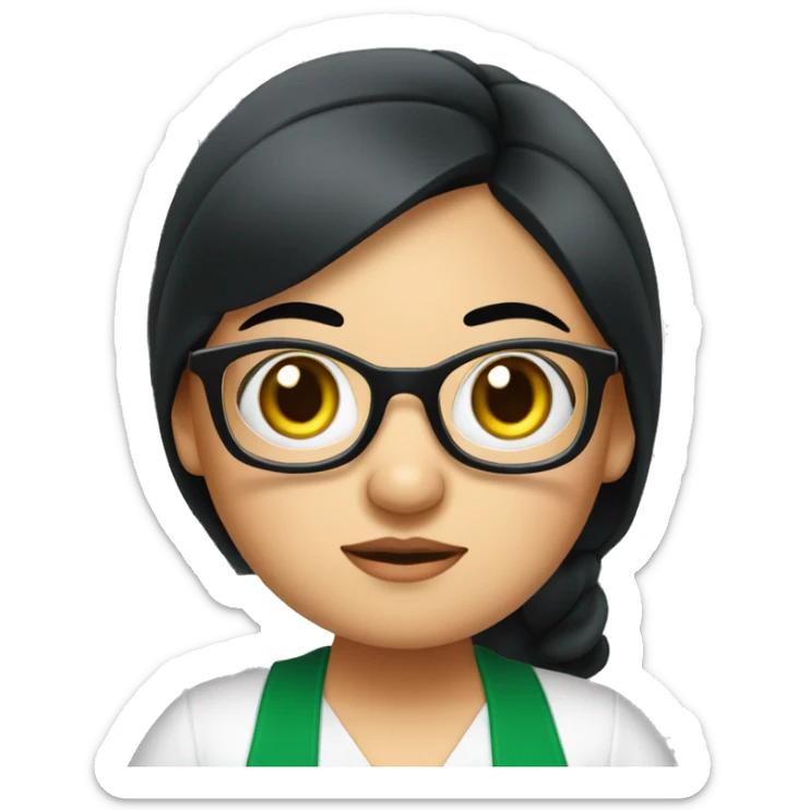 chubby lady with black hair and big eyes green apron  with glasses cooking  sticker