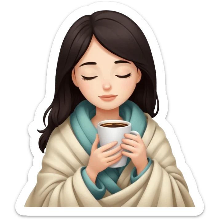 Girl with dark hair snuggled in warm blanket enjoying coffee with peaceful closed eyes sticker