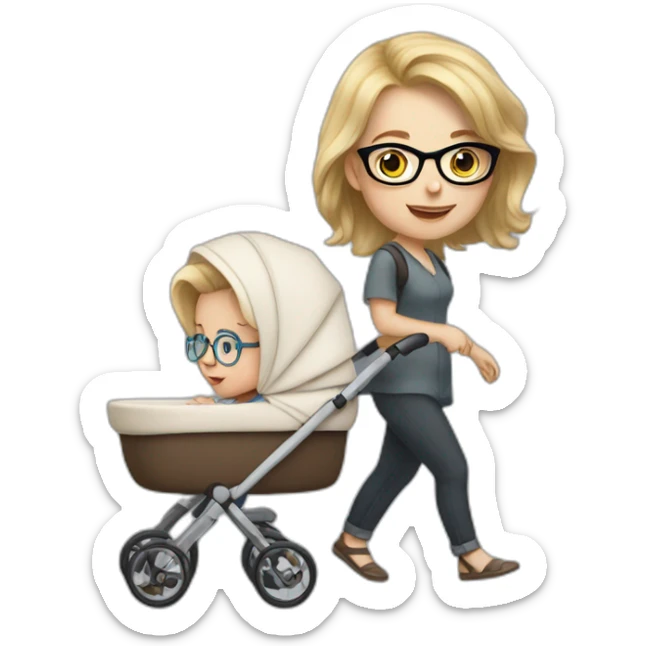 White women with brown hair and glasses pushing buggy with blonde baby sticker